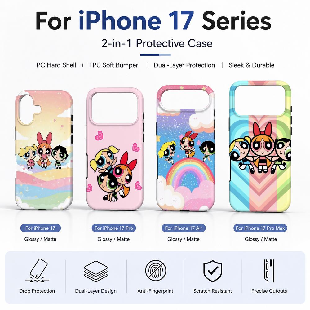 Tablet Accessories For Girls - アニメ「パワーパフ・ガールズ」スマホケース フィルム素材 2-in-1 シェル iPhone 17