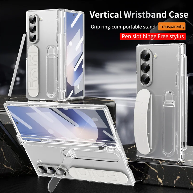 Case With Pencil Holder - Samsung Galaxy Z Fold 7/6/5/4/3用 高級リストバンドホルダー付きヒンジ式スマホケース、ペン収納スロットとSペンスクリーンプロテクターフィルムカバー付き
