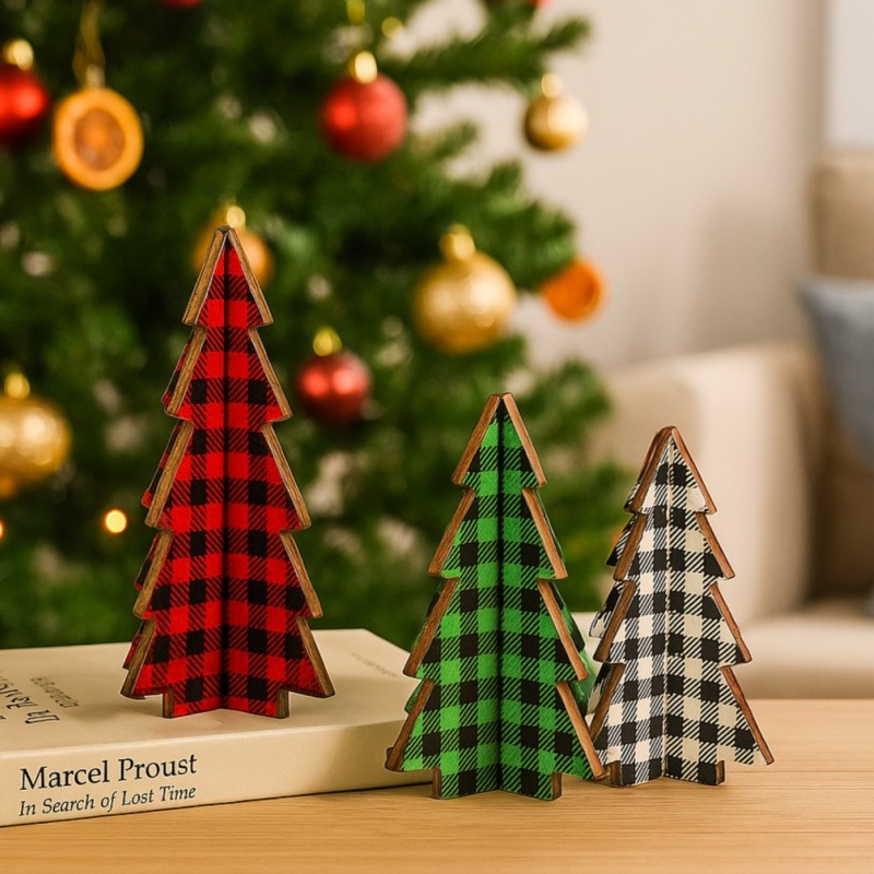 3個のクリスマスデコレーション、格子縞の木製卓上ツリー、高さ - Tablet Accessories Kit のレビューと価格